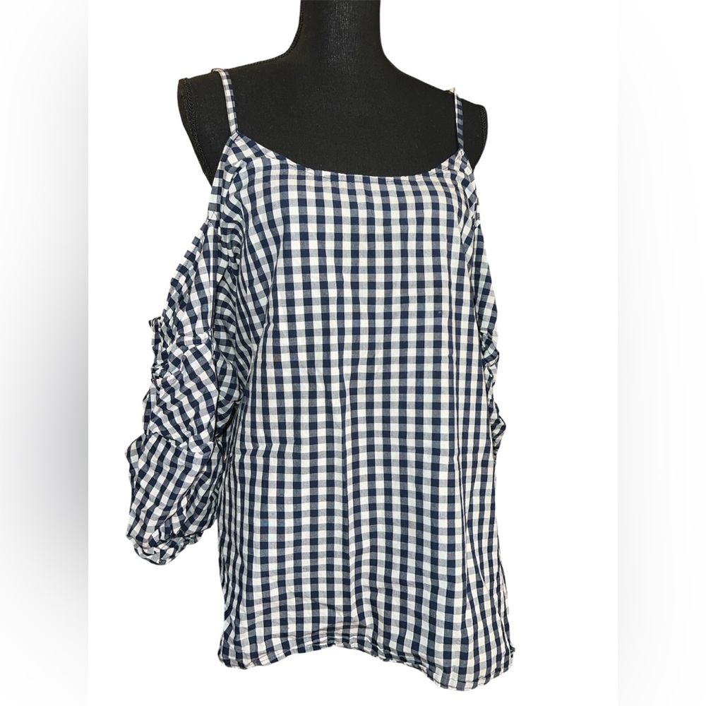 Fashion To Figure navy and white gingham cold shoulder top with ruffled sleeves